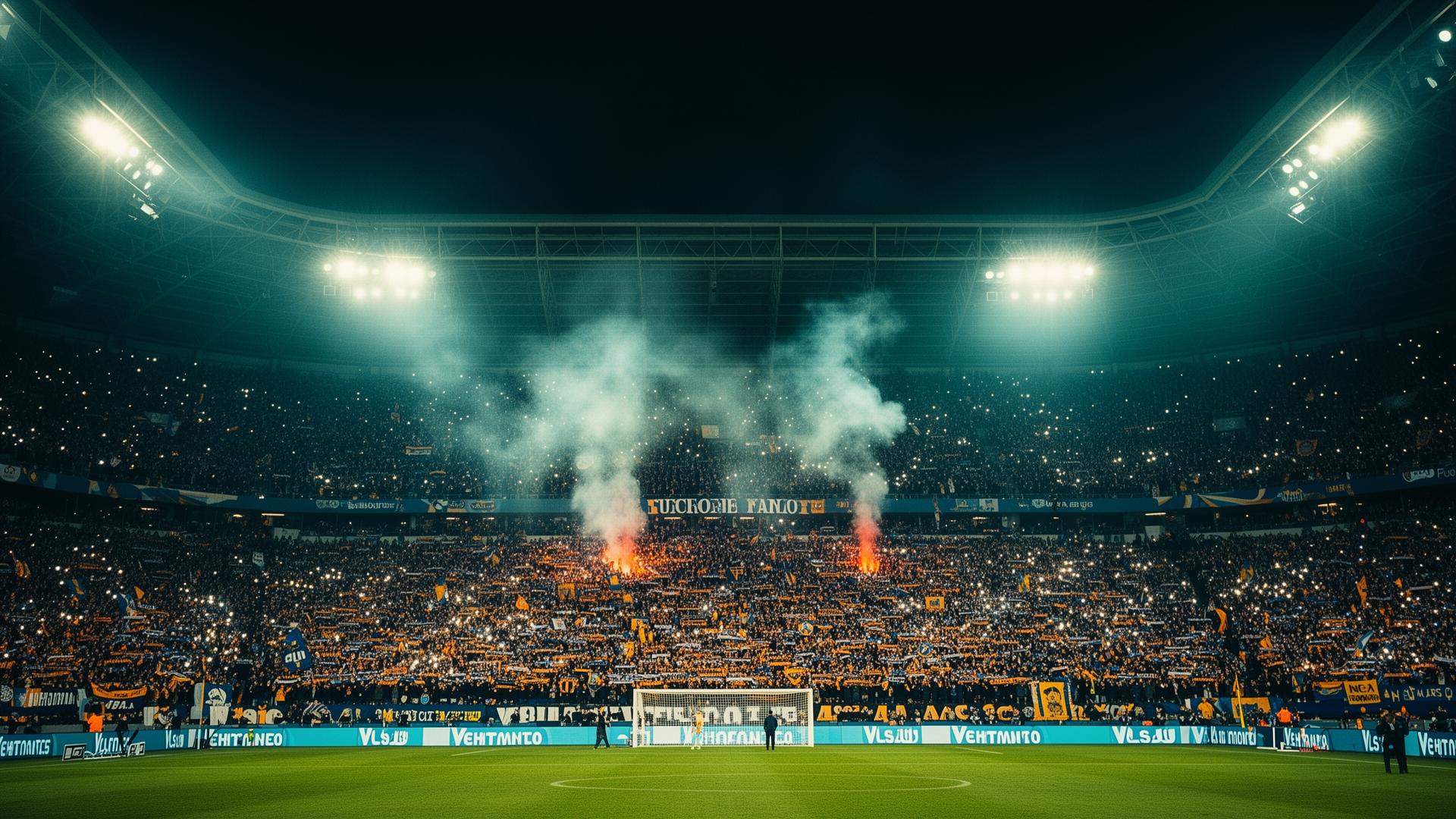 Packed stadium crowd with floodlights and flares